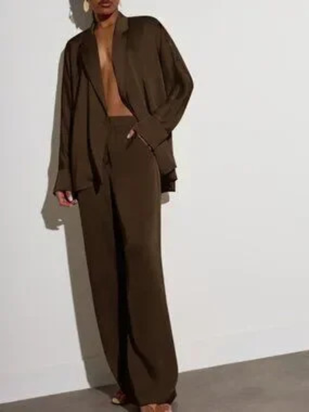 Chocolate Brown Elegant Women's High Waist Wide Leg Palazzo Trousers Fluid